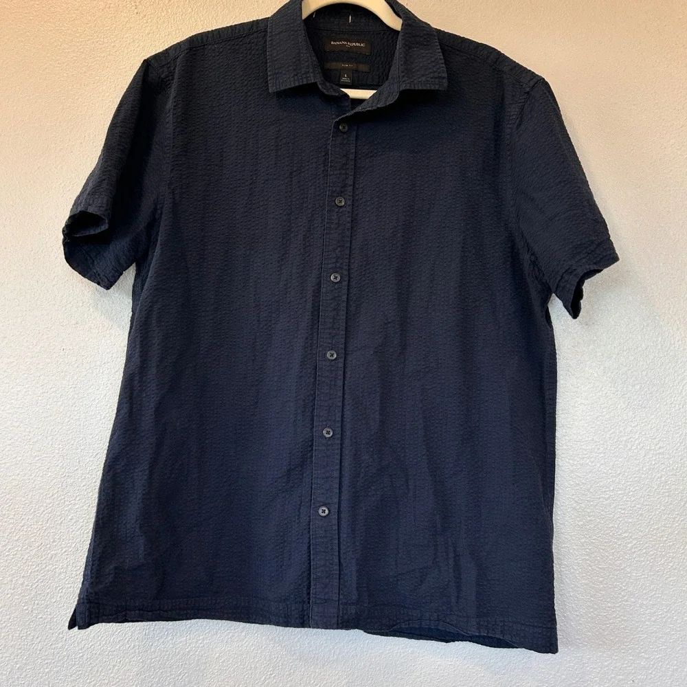 Banana Republic Mens Navy Blue Seersucker Short Sleeve Button Down Shirt Slim L